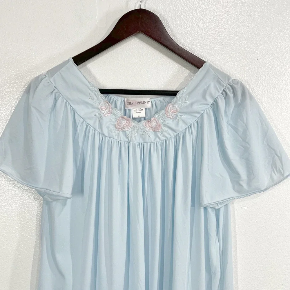 Shadowline Nightgown Size Medium Blue Floral Embroidered Flutter Sleeve Maxi